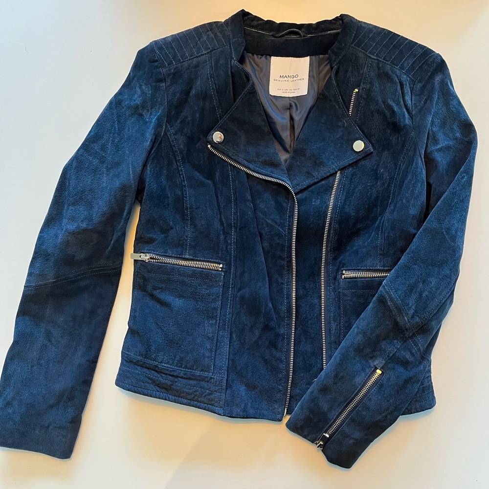 Mango Suede Leather Jacket Midnight Blue US XS